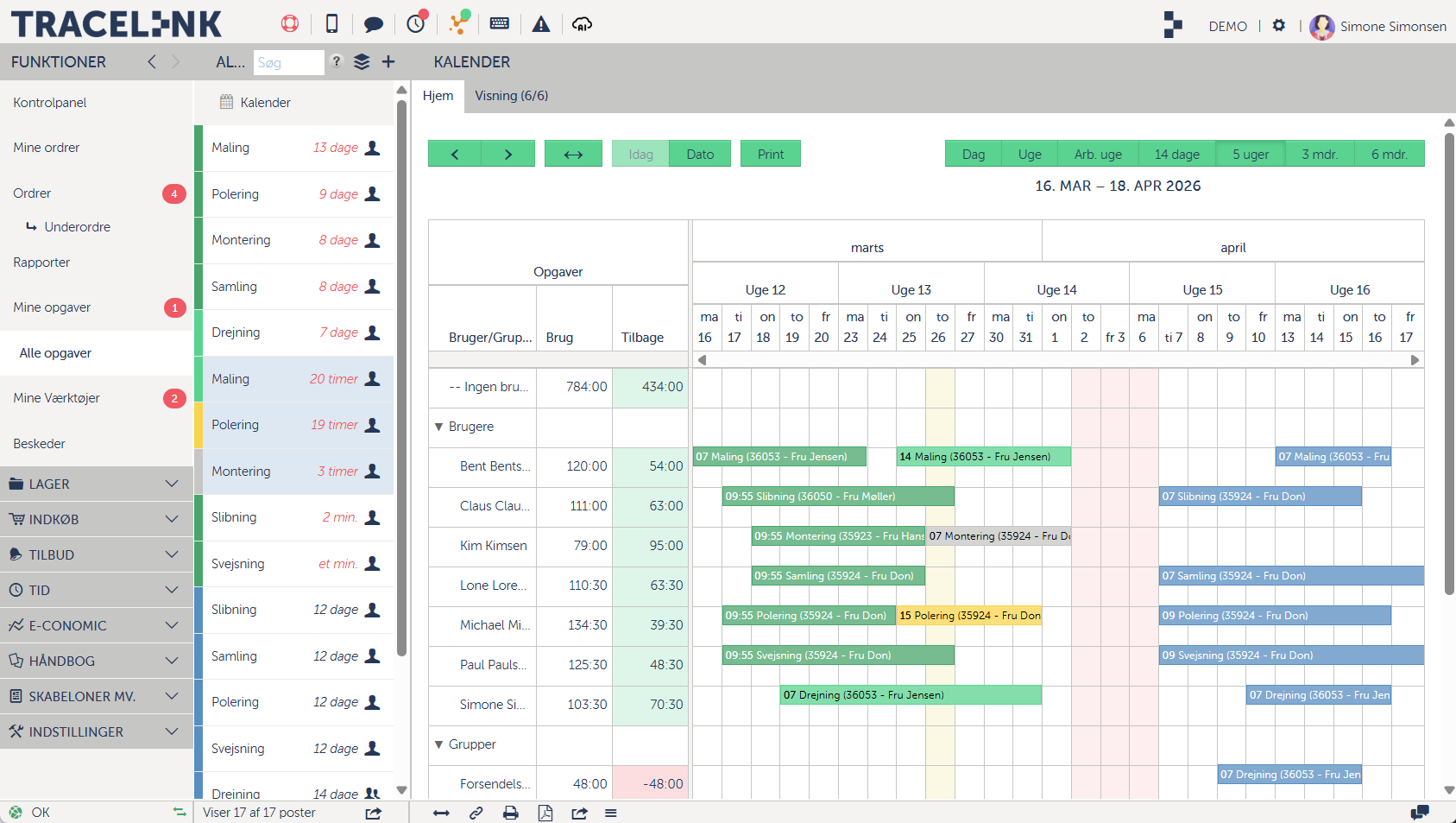 Skærmbillede af Tracelinks opgavekalender.