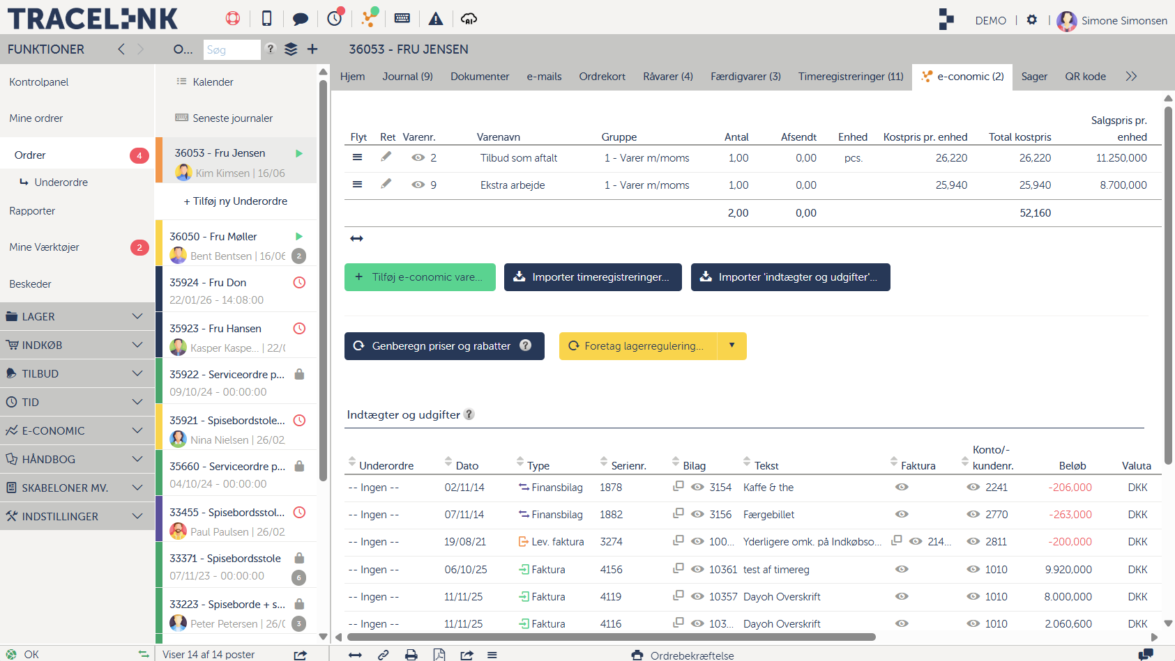 Skærmbillede af Tracelinks e-conomic fane.