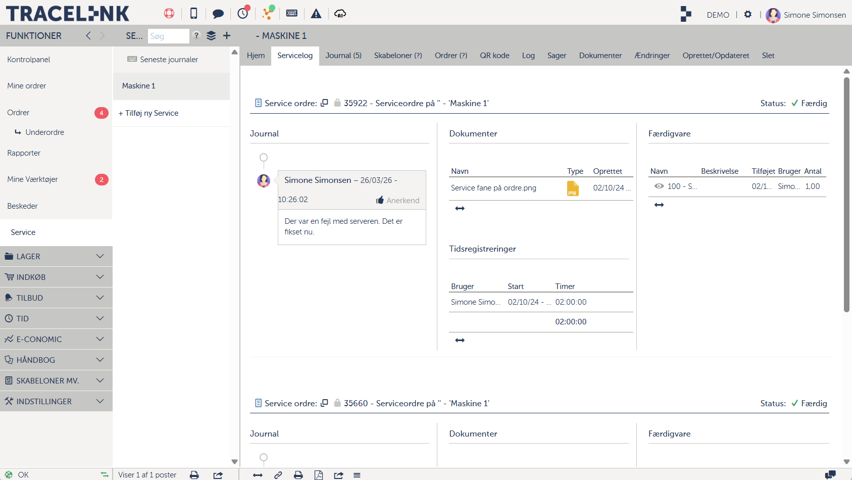 Et screenshot af Tracelinks servicelog.