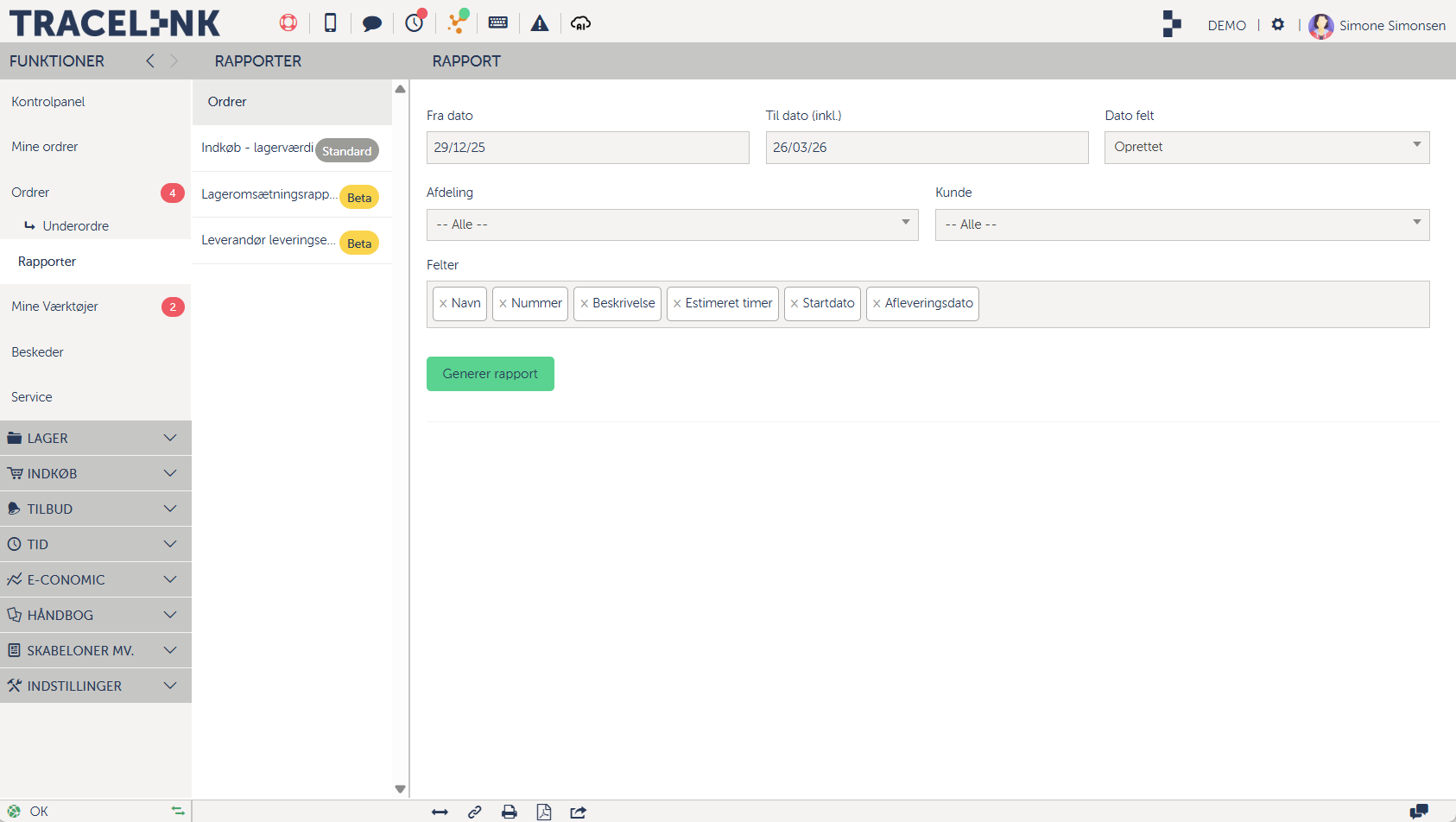 Skærmbillede af Tracelinks rapportmodul.