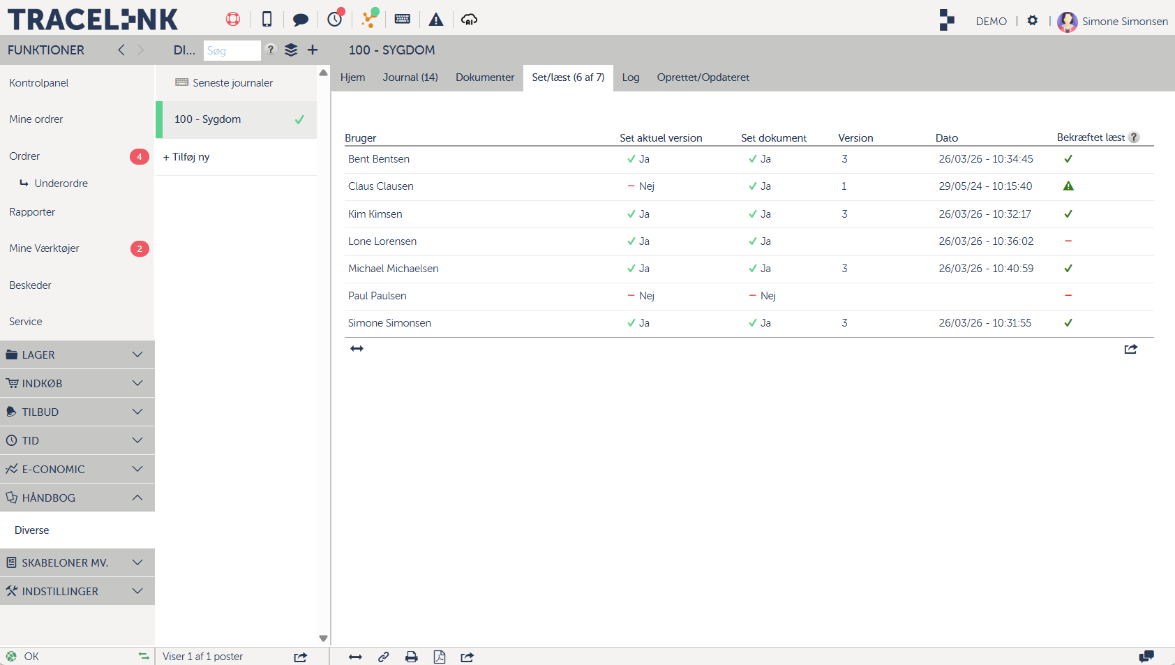 Et screenshot af Tracelinks Håndbog.