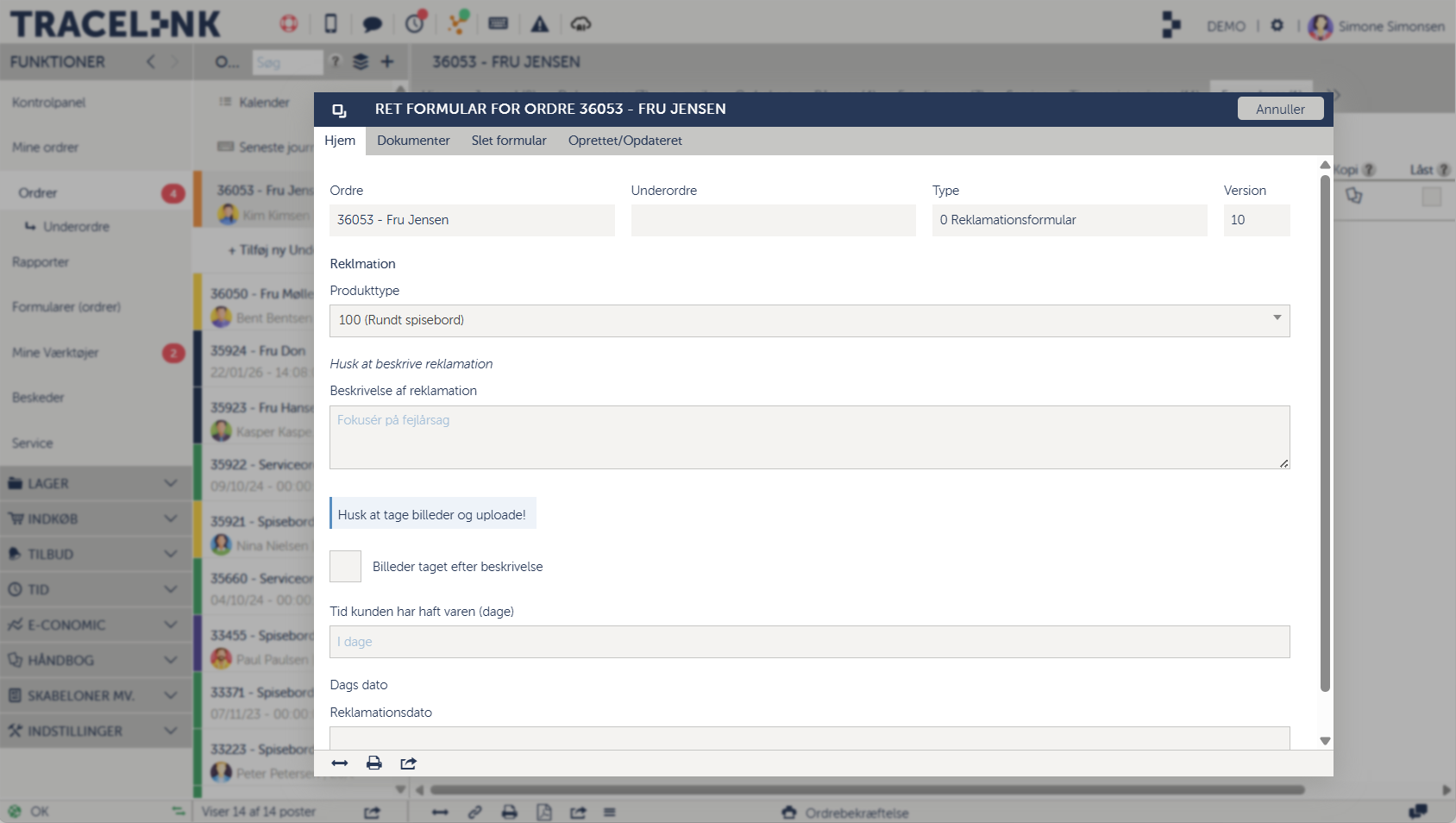 Et screenshot af Tracelinks Formularer.